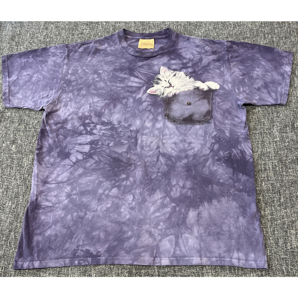 Vintage The Mountain Tie Dye Sleeping Kitten Cat Pocket T Shirt Size LG Purple